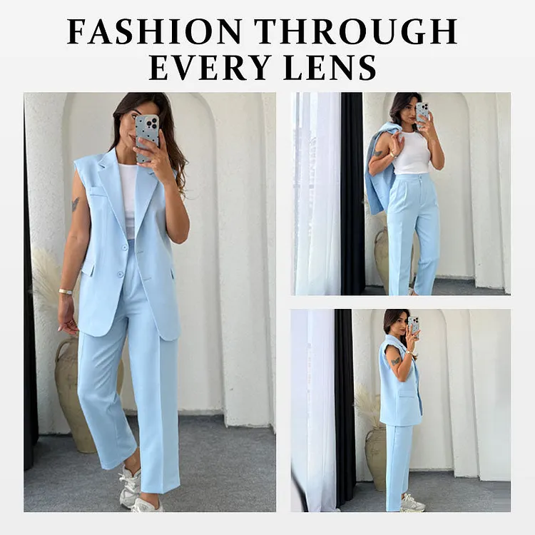 💖Women&rsquo;s Stylish Sleeveless Blazer & High-Waisted Pants Set