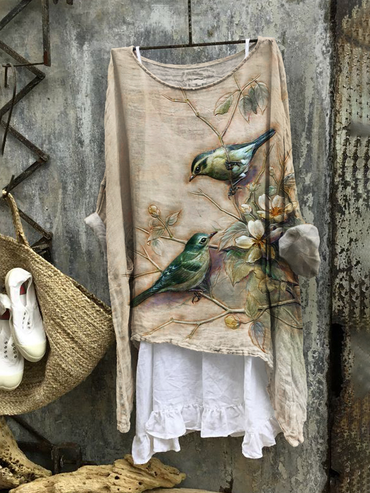 Comstylish Japanese Embossed Bird & Flower Linen Blend Tunic