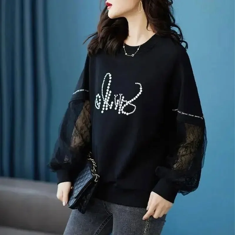 Mongw Lace Patchwork Pullovers Female Clothing Casual Round Neck Loose Spring Autumn Printed Korean Long Sleeve Sweatshirts