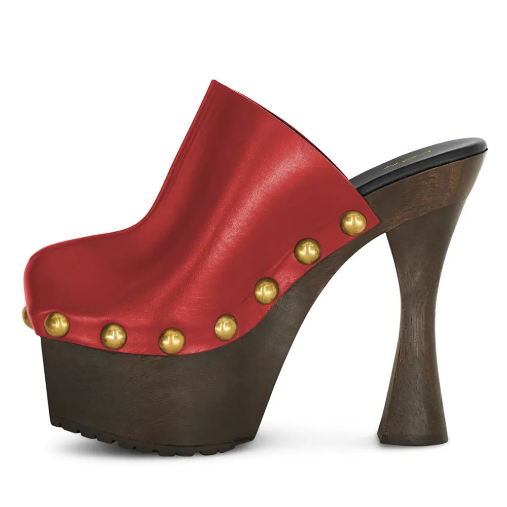 Red Vegan Leather Round Toe Platform High Heel Mules with Studs
