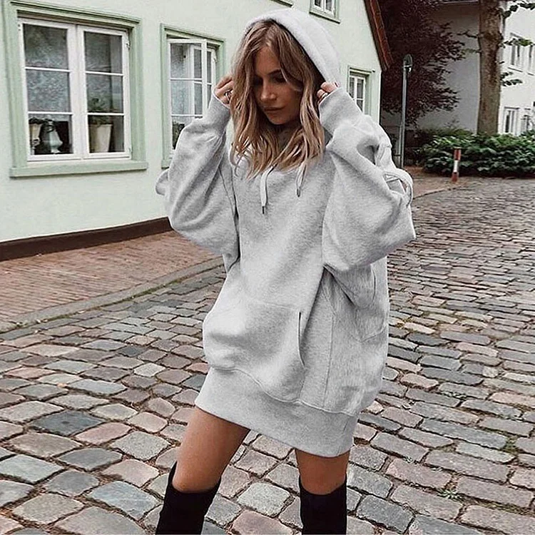 Autumn and Winter Women's Tops Solid Color Round Neck Pullover Hooded Loose Fleece Pockets Long-sleeved Sweater