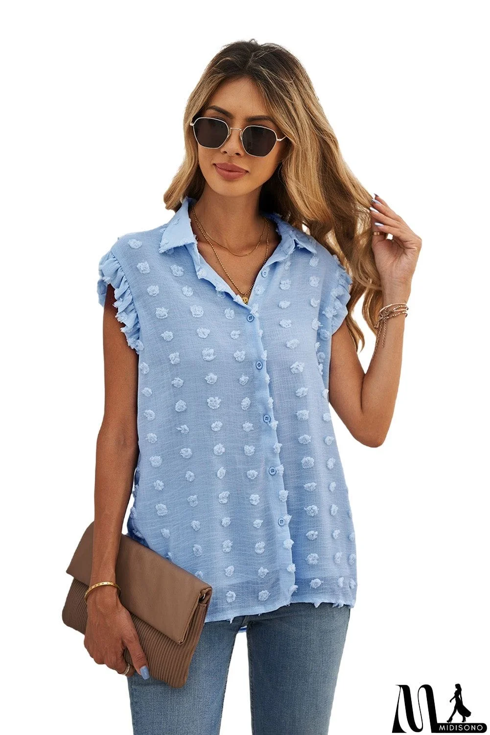 MidiSono - Turn-down Collar Ruffle Polka Dot Tank