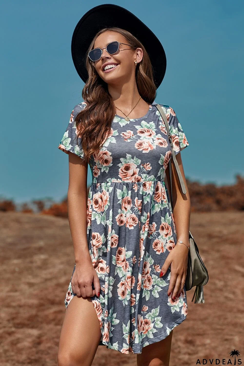Floral Print Short Sleeve Pleated Mini Dress