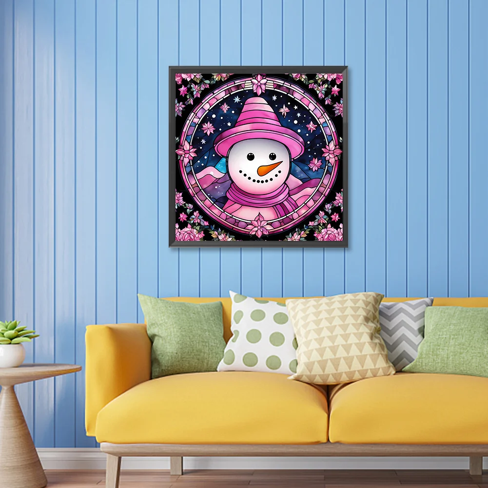 Full Round Diamond Painting 30*30cm - Pink Snowman Glass Painting