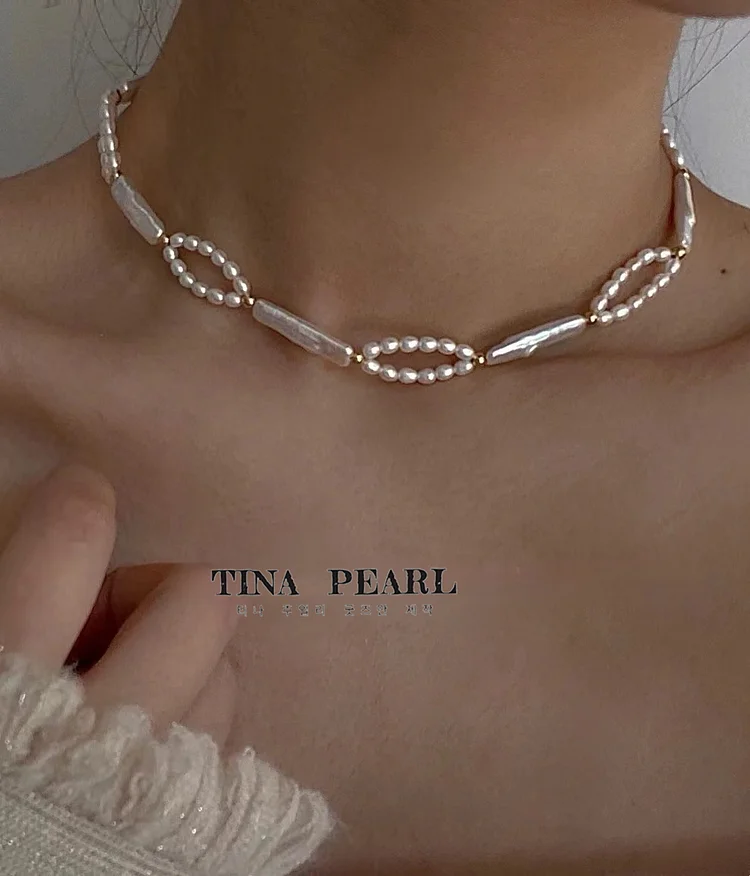 TINA Jewelry Aurora small silver bar freshwater pearls + rice beads classic simple necklace