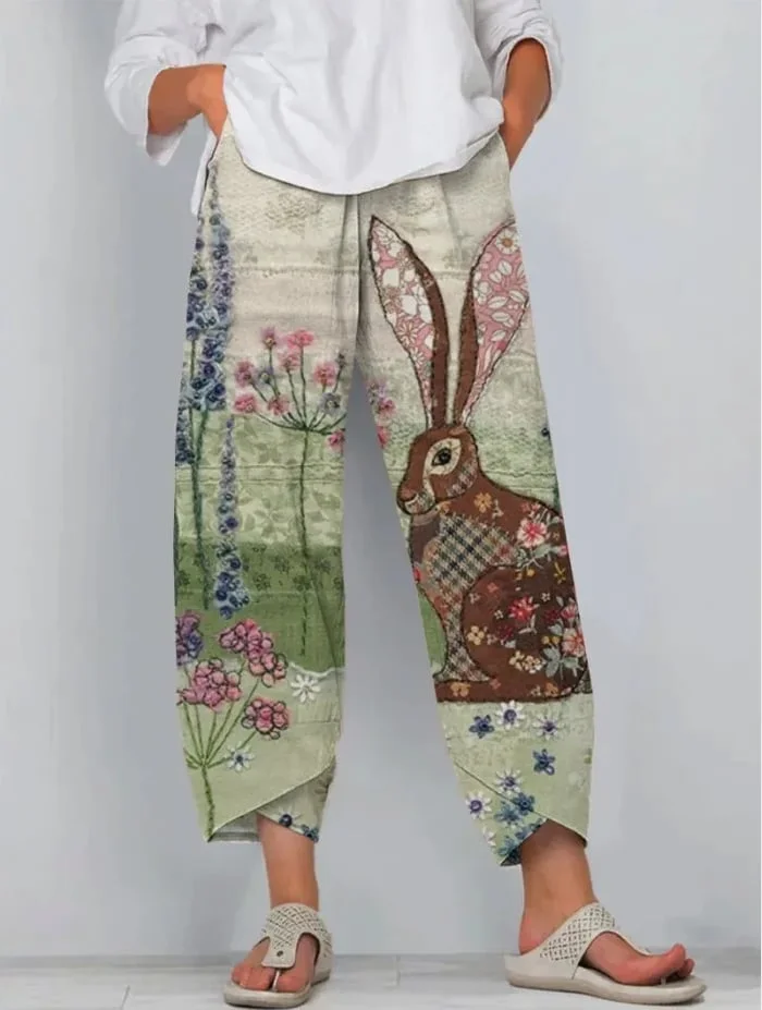 Women's Retro Rabbit Print Casual Pants