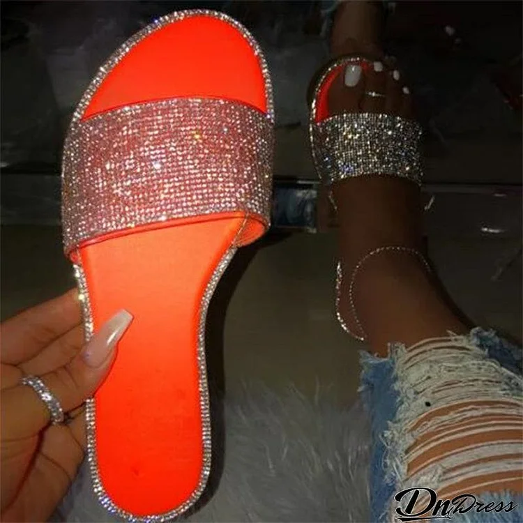 Women's Leisure Flat Glitter Rhinestone Slippers for Pool Party