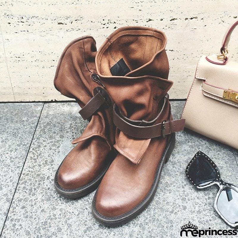 Women's Plus Size Adjustable Buckle Mid-Calf Motorcycle Boots