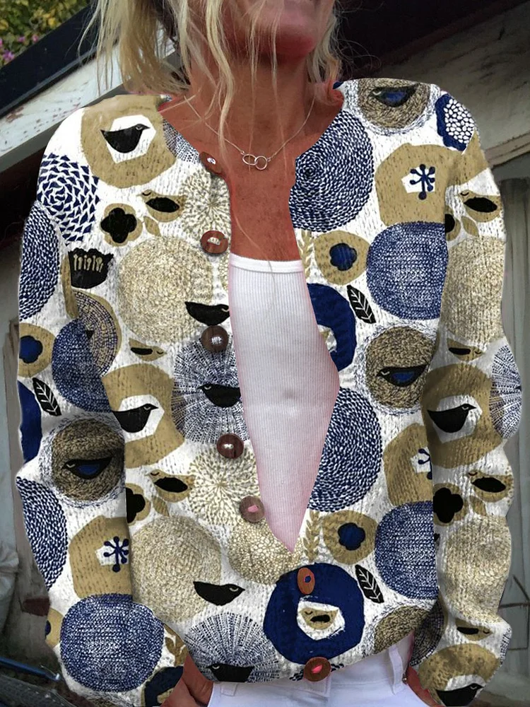 Abstract Flowers and Birds Print Buttoned Cardigan Sweater