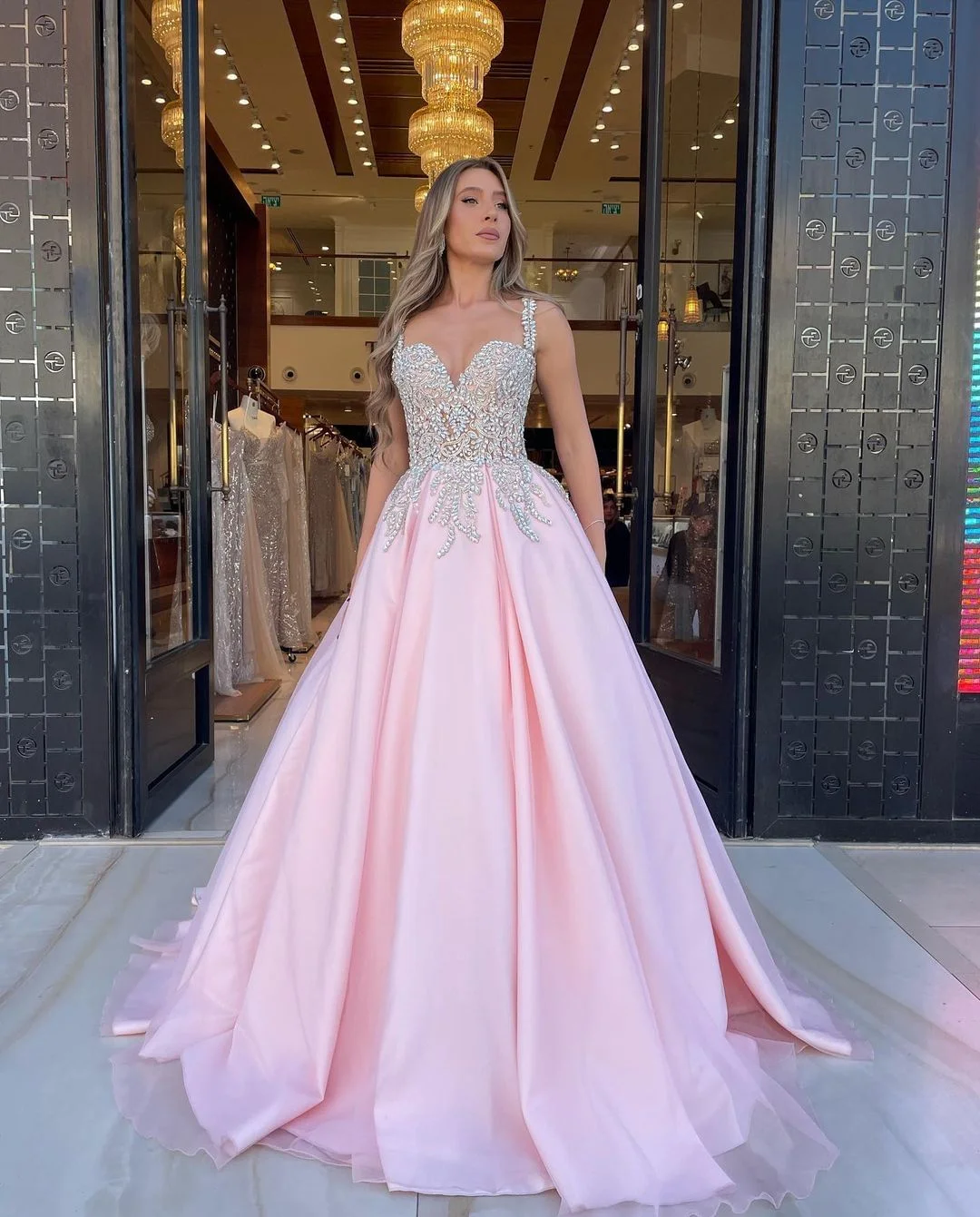 Lisliy Pink Sequins Applique A Line Prom Dress Long With Beads 
