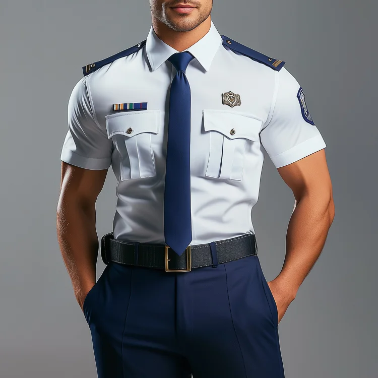 Okaywear Turndown Collar Tie Epaulette Patches Short Sleeve Shirt 