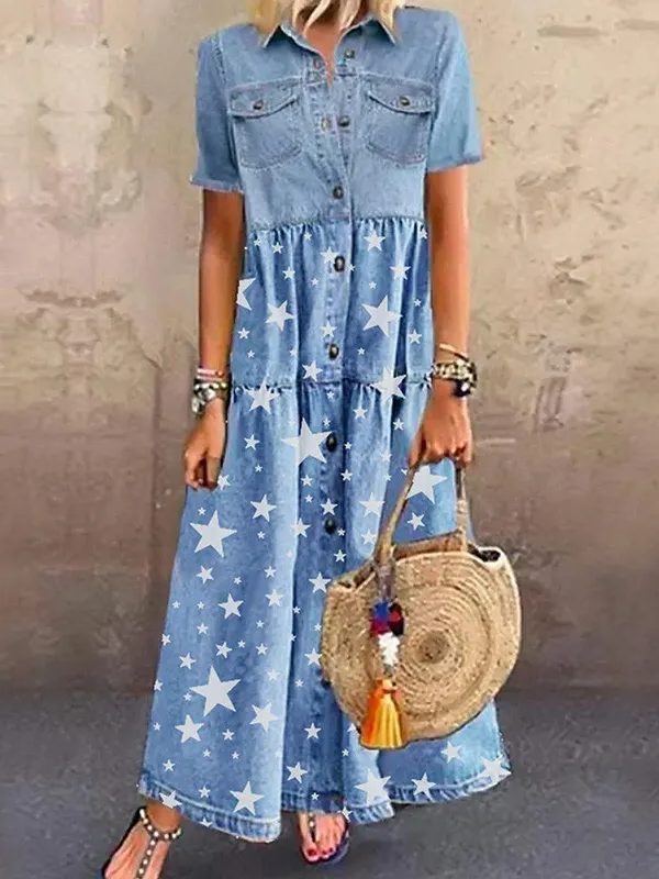 Casual Denim Skirt with Lapel Pocket Button Down Dress All Scattered Stars Spring/Fall Dress