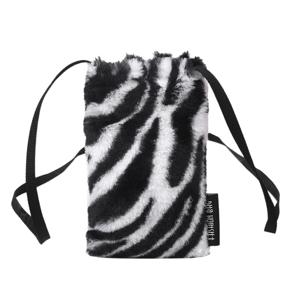 

Women Mini Zebra Print Mobile Phone Pouch Plush Soft Shoulder Crossbody Bag, Black, 501 Original