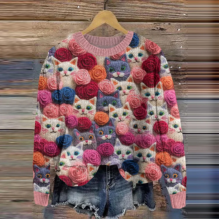 Cats & Flowers Pattern Cozy Knit Sweater