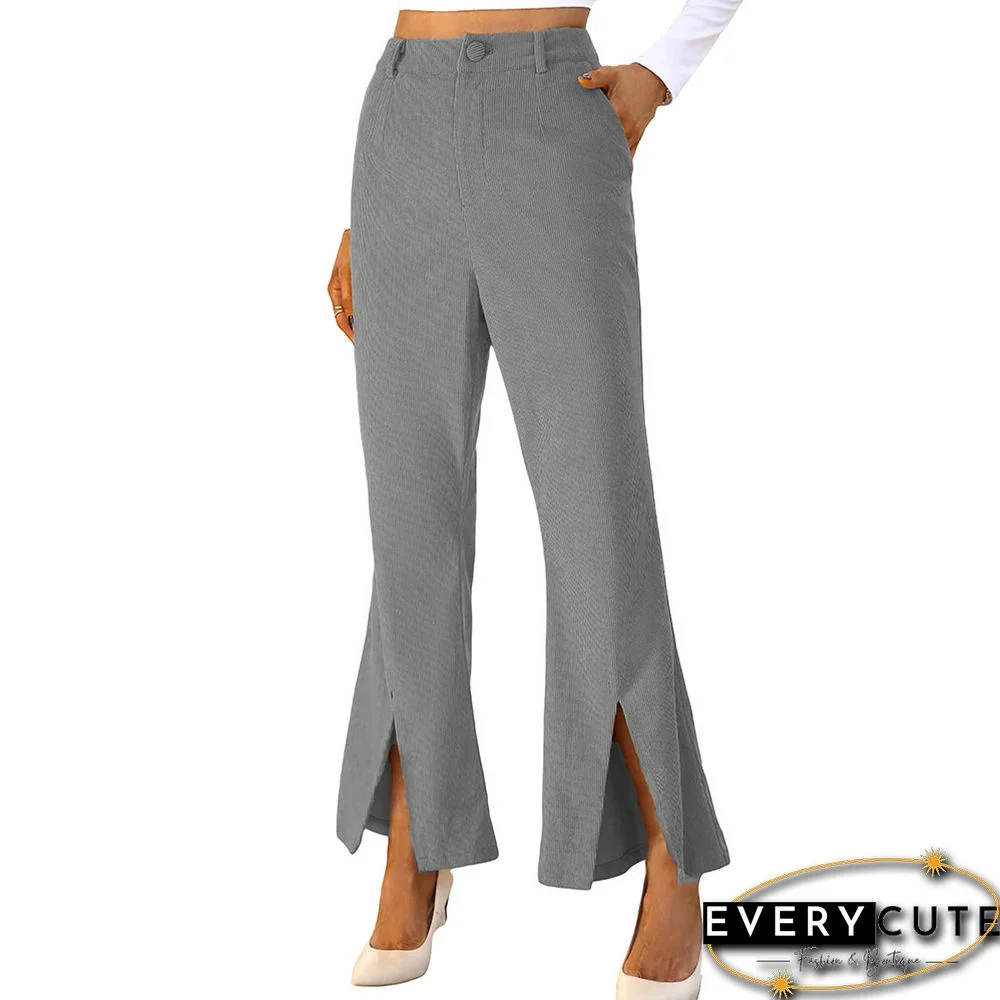 Gray Corduroy High Waist Pocket Pants with Slit