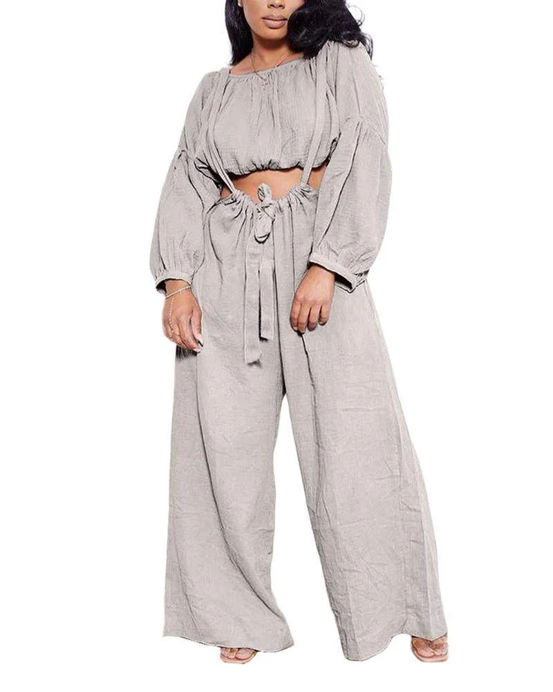 Pleated Suspender Strap Wide Leg Pants Two Piece Set