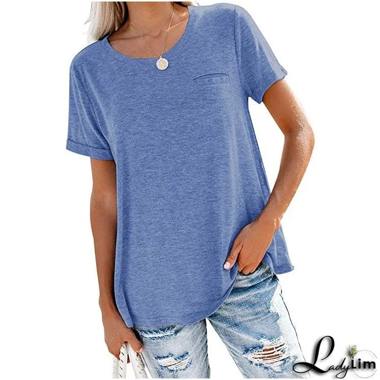 Multicolor Round Neck Short-Sleeved T-Shirt with Loose Fit and Pocket