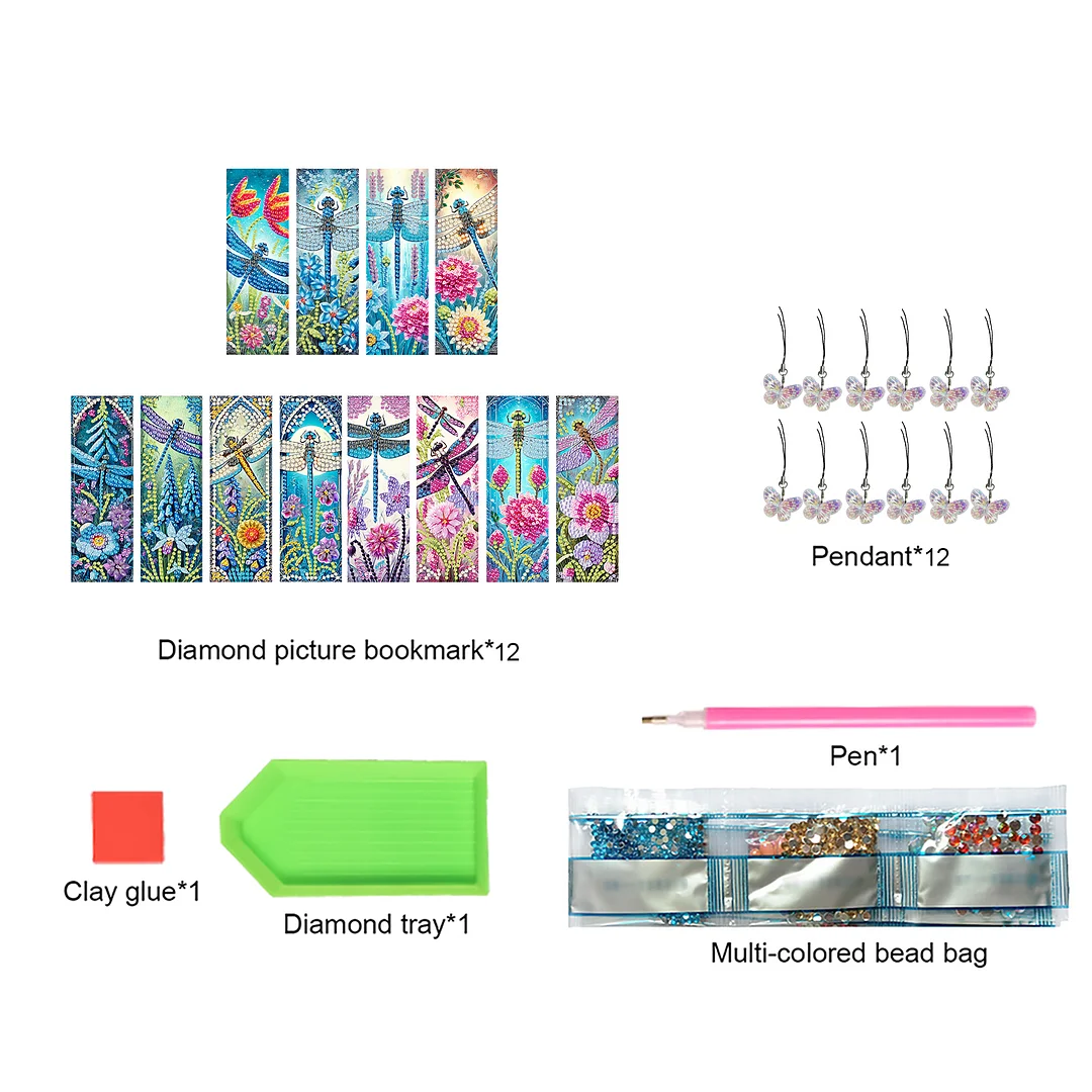 12Pcs Dragonflies Flowers DIY Diamond Art Painting Bookmark for Beginners Adult