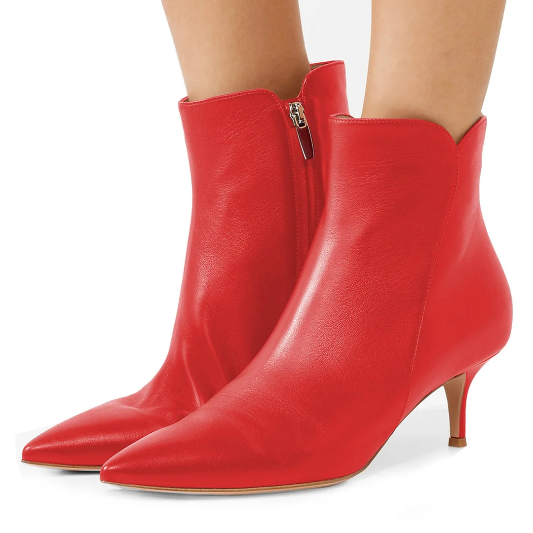 YDN Red Pointed Toe Kitten Heel Ankle Boots with Side Zipper