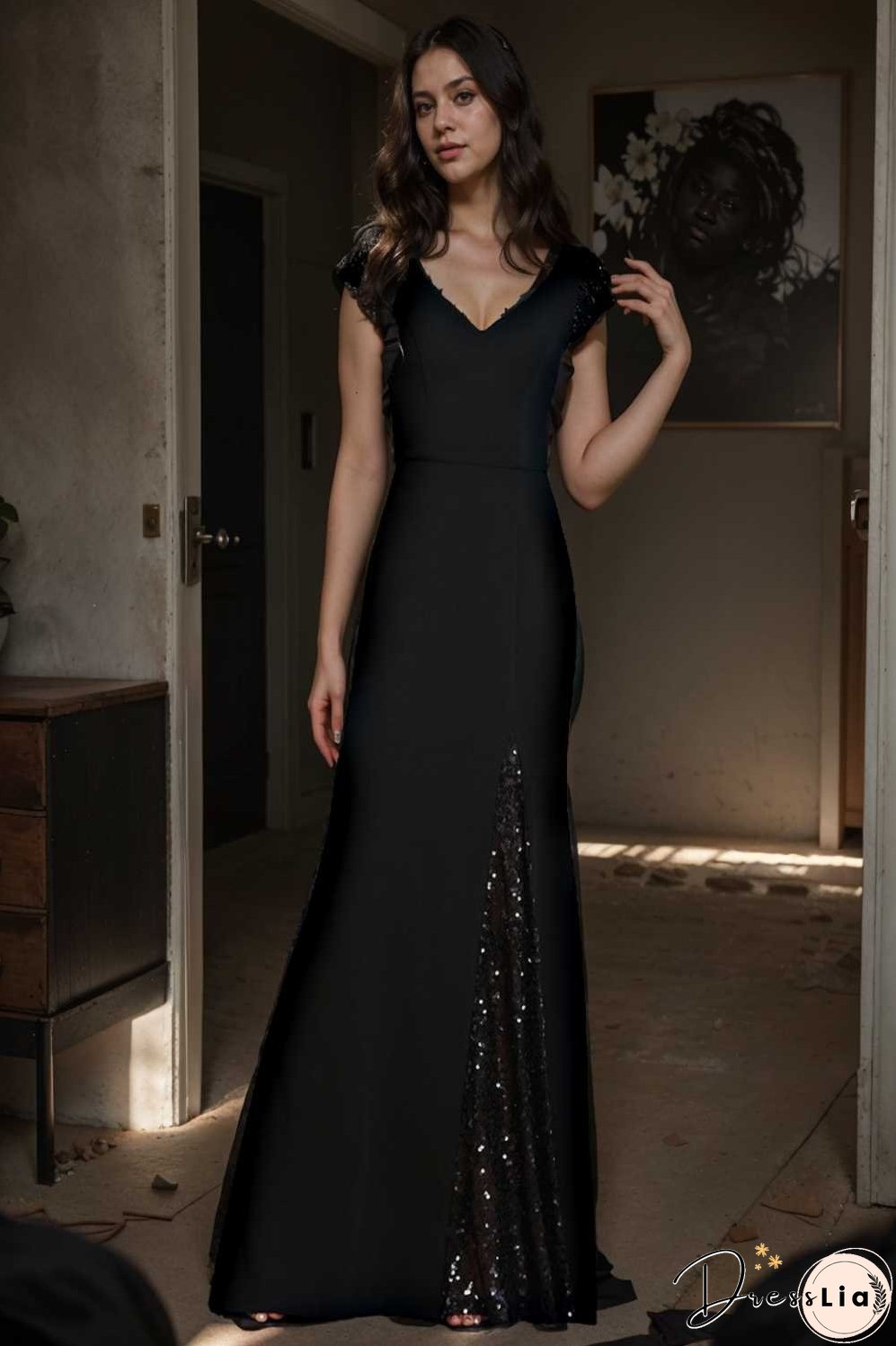 elegant sleeveless deep v neck fishtail evening gown