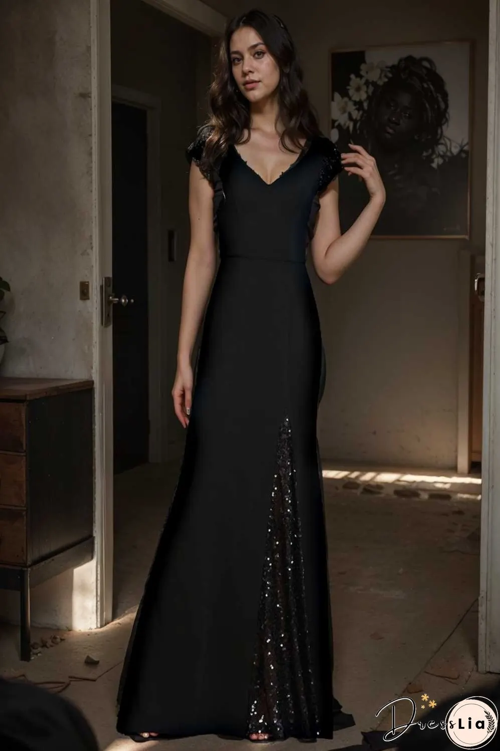 elegant sleeveless deep v neck fishtail evening gown
