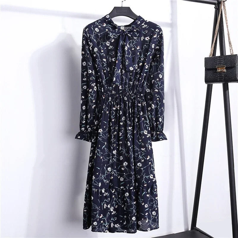 Autumn Chiffon Shirt Dresses Long Sleeve Polka Dot Plaid Office Vintage Dress 2022 Women Summer Casual Midi Floral Dress Vestido