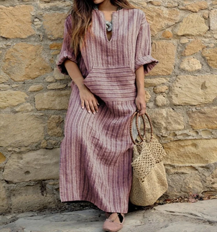 Cotton Pocket Yarn-dyed Loose Long Dress | EGEMISS