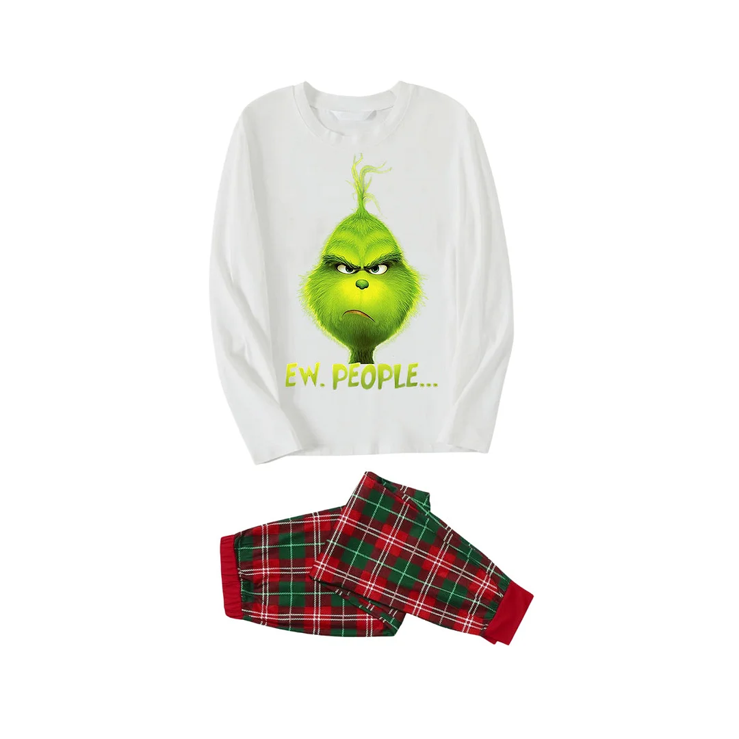 Christmas Cartoon Pattern and EW People Print White Long Sleeve with White&Red&Green Plaid Pants Family Matching Pajamas
