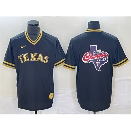 Men's Texas Rangers Black  2023 World Series Champions Big Logo Cool Base Stitched Baseball Jersey JF3D