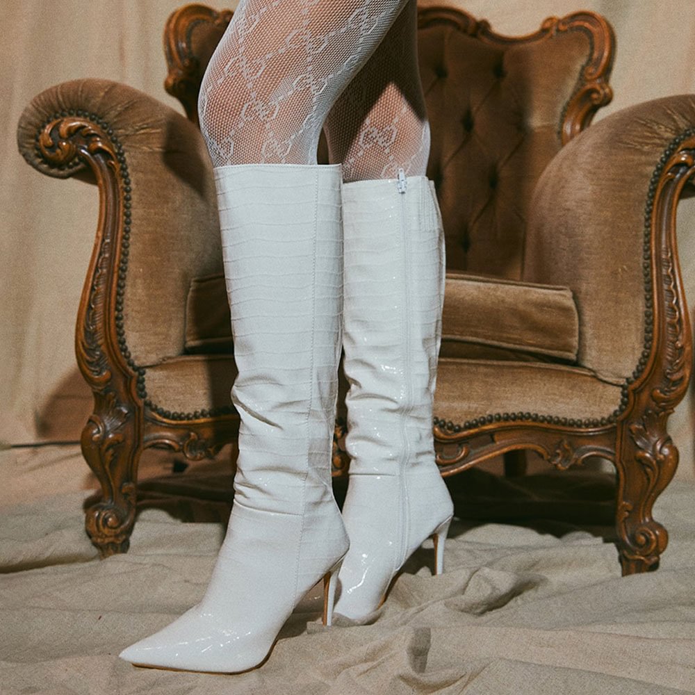 White Leather Pointed Toe Knee Boots Stiletto Heels Boots Nicepairs