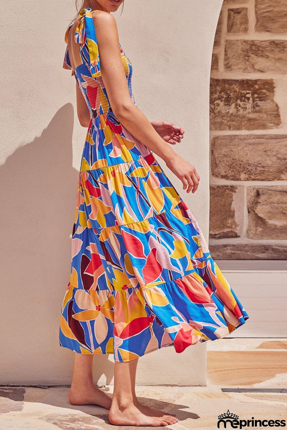 Floral Tie Shoulder Smocked Tiered Dress