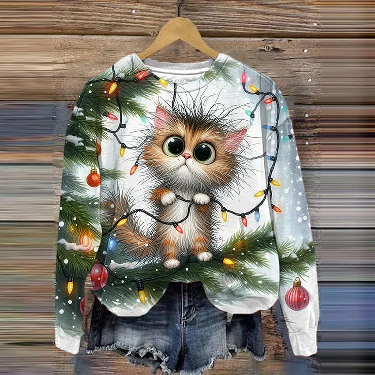 Christmas Cat Print Crew Neck Casual Sweatshirt