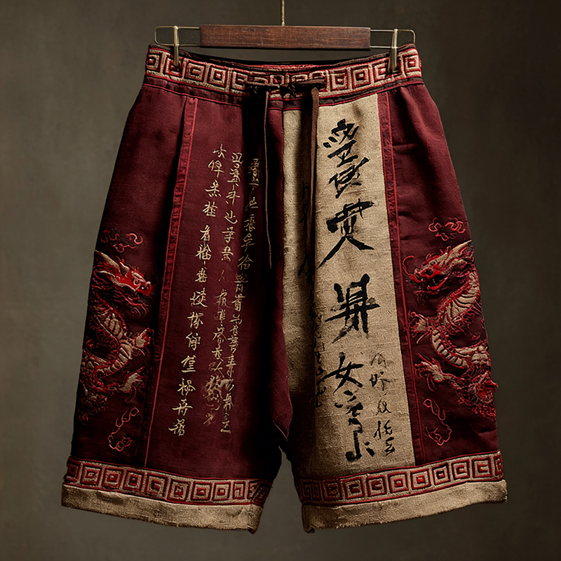 Men's Japanese Calligraphy And Dragon Art Linen Shorts  artssus