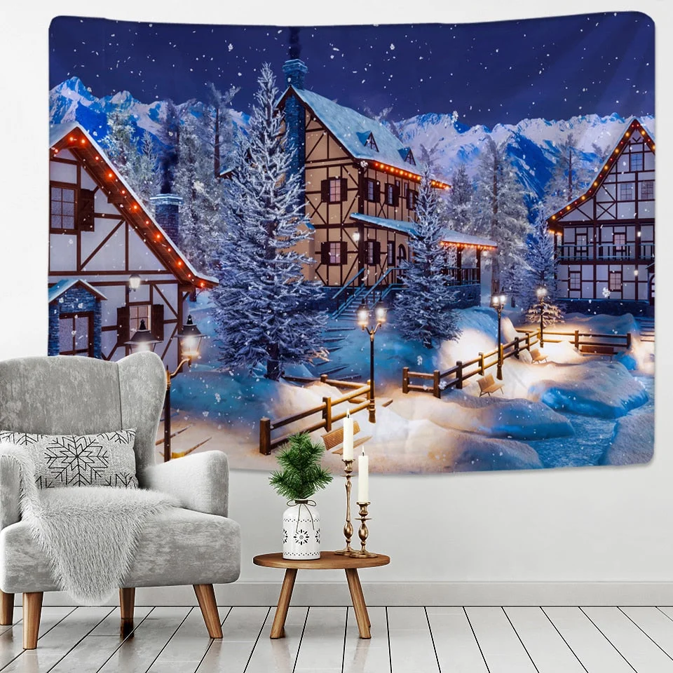 Fashion Christmas Wall Hangings Snow View Wooden House Hippie Mandala Indian Tapices Home Furnishing Decoration