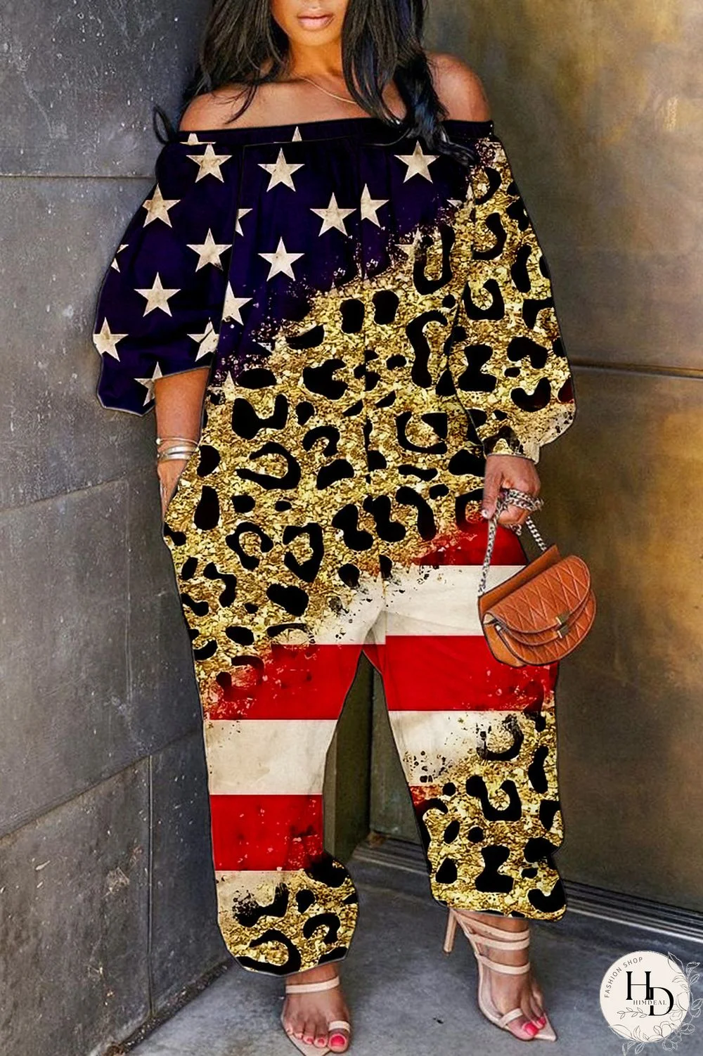 Red Blue Casual Print Backless Off the Shoulder Regular Jumpsuits