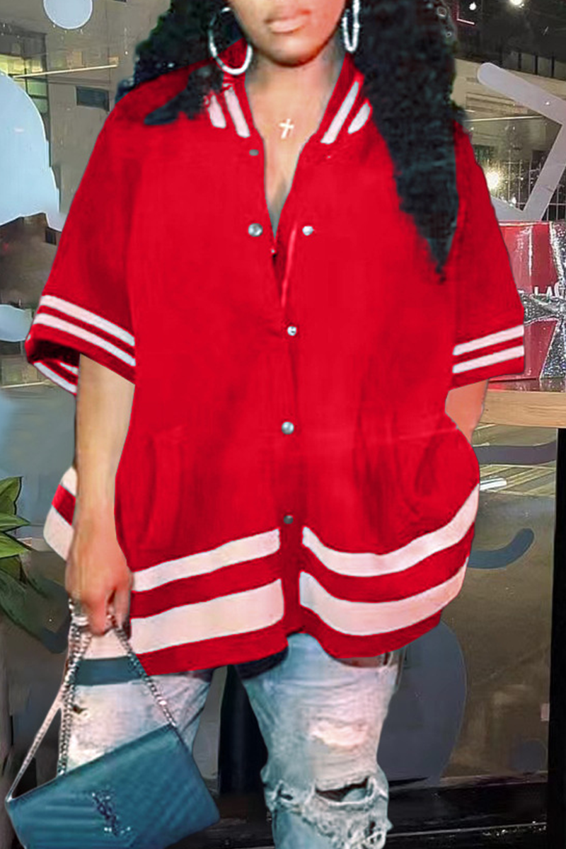 Red Casual Solid Buckle Cardigan Collar Plus Size Overcoat | EGEMISS