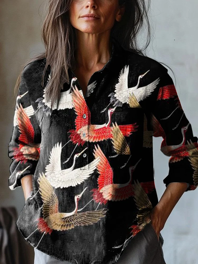 Women's Japanese Crane Art Print Casual Cotton and Linen Shirt
