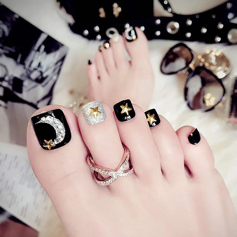 Short False Toenails Full Cover Press On Toenails Artificial Feet Nails Women Girls Glitter Crystal Design Toe Nail Art Tool