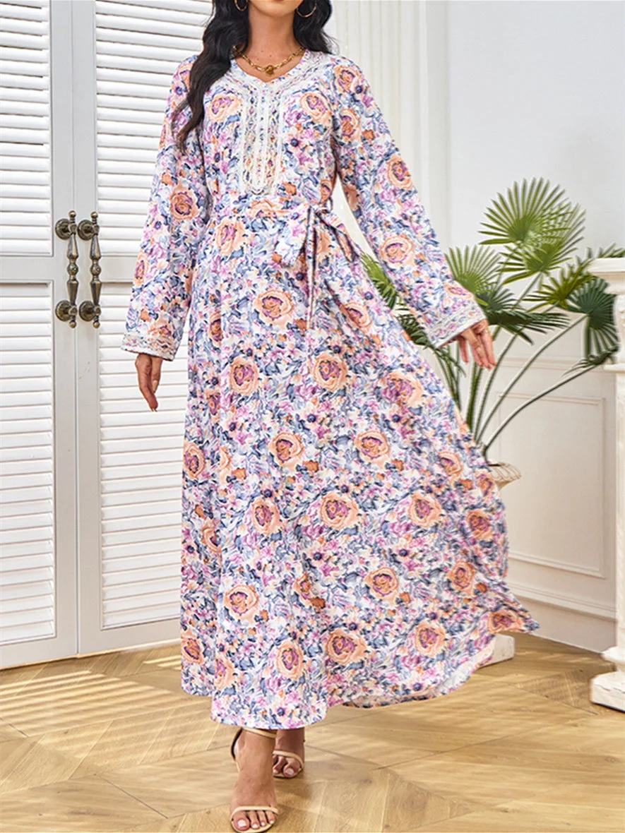 Women's Long Sleeve V-neck Sequins Floral Printed Lace Stitching Maxi Dress
