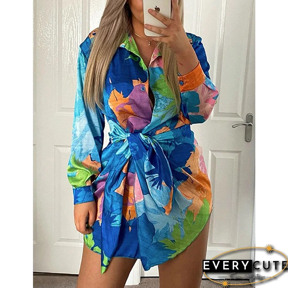 Blue Multicolor Printed Button Shirt with Tie