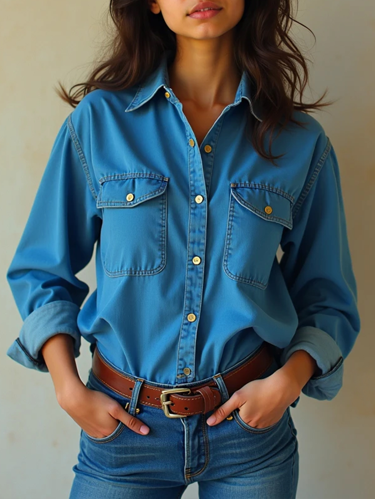 Ursime Metal Button Long Sleeve Flap Pocket Denim Blouse