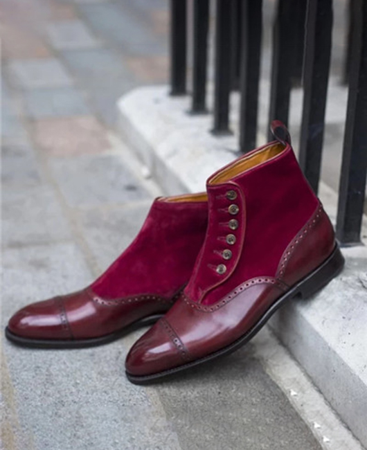 Herringbone Patchwork Buttons Pointed Toe PU Leather Ankle Boots