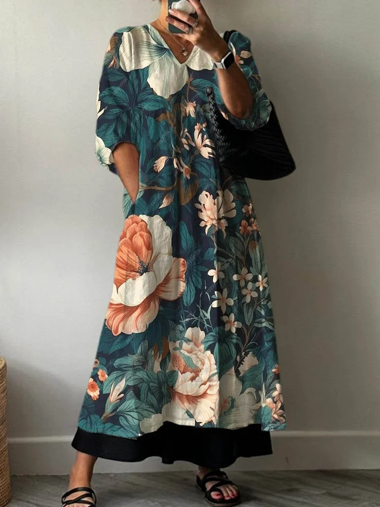 Women's Lovely Floral Art Print Pocket V-neck Cotton Dress