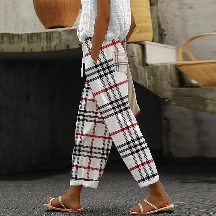 Women'S Striped Print Linen Blend Casual Pants