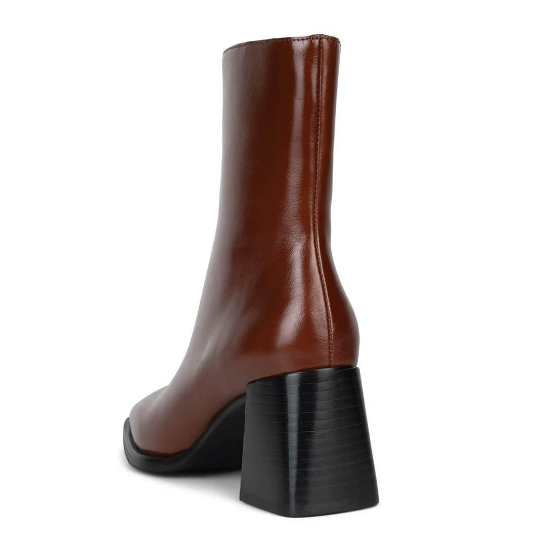 Classic Square Toe Chunky Heel Zipper Brown Short Boots for Women