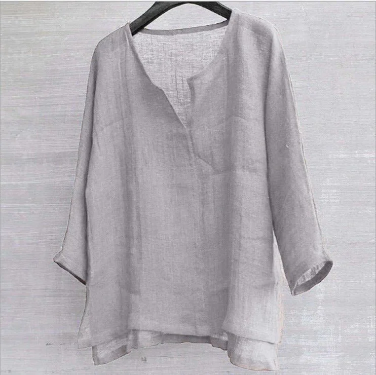 COTTON AND LINEN SOLID COLOR T-SHIRT SHIRT