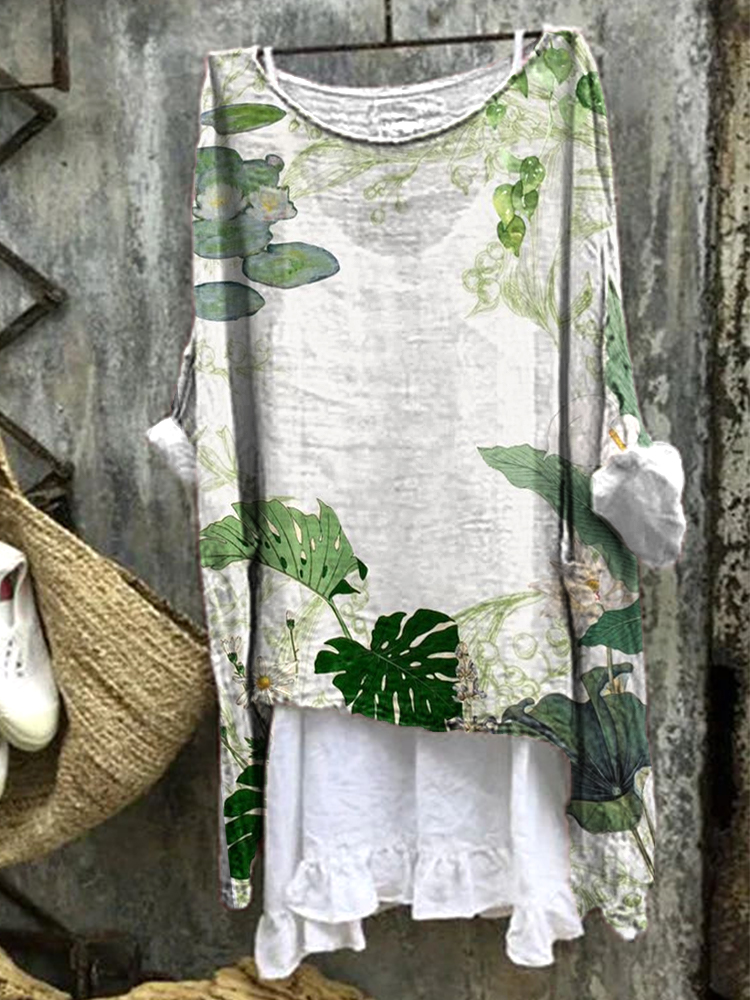 Vintage Tropical Plant Pattern Women's Casual Linen Blend Shirt artswardrobe