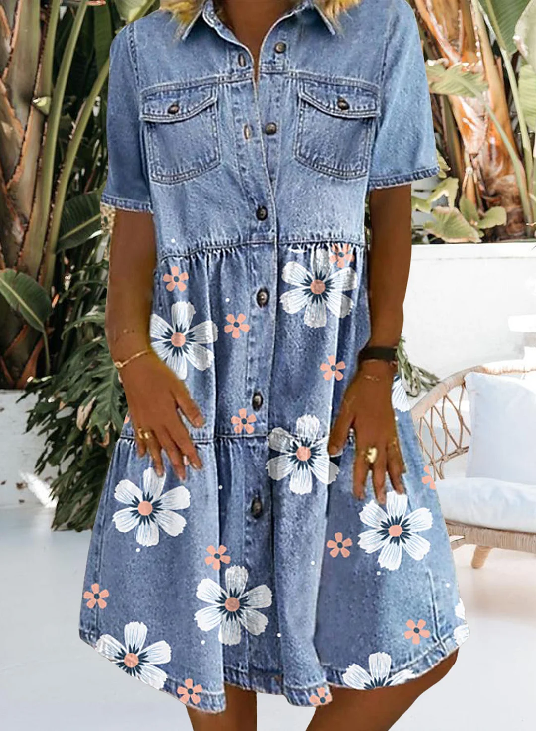 Sky Blue Women's Midi Dress Floral Ruched Denim Button-up Dress LC227011-4