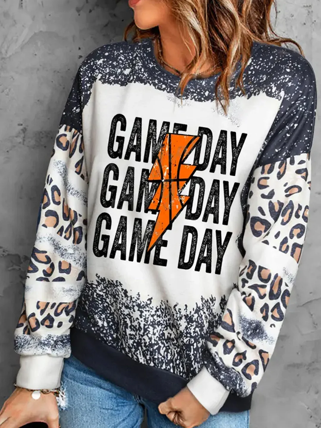 Women's Basketball Game Day Mom Leopard Crew Neck Casual Sweatshirt