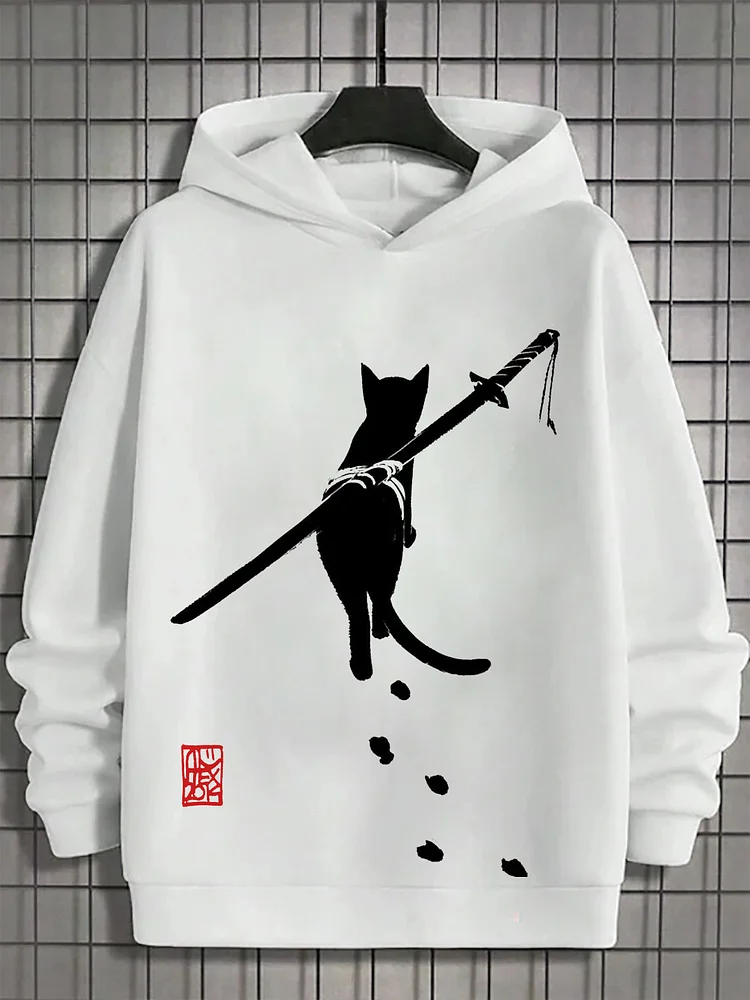 Men's Colorblock Lovely Samurai Cat Back Print Casual Hoodie